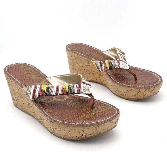 Sam Edelman Rosa Nude Ginger Beaded Thong Cork Wedge Sandal Flip Flop Size 8.5 - Picture 16 of 16